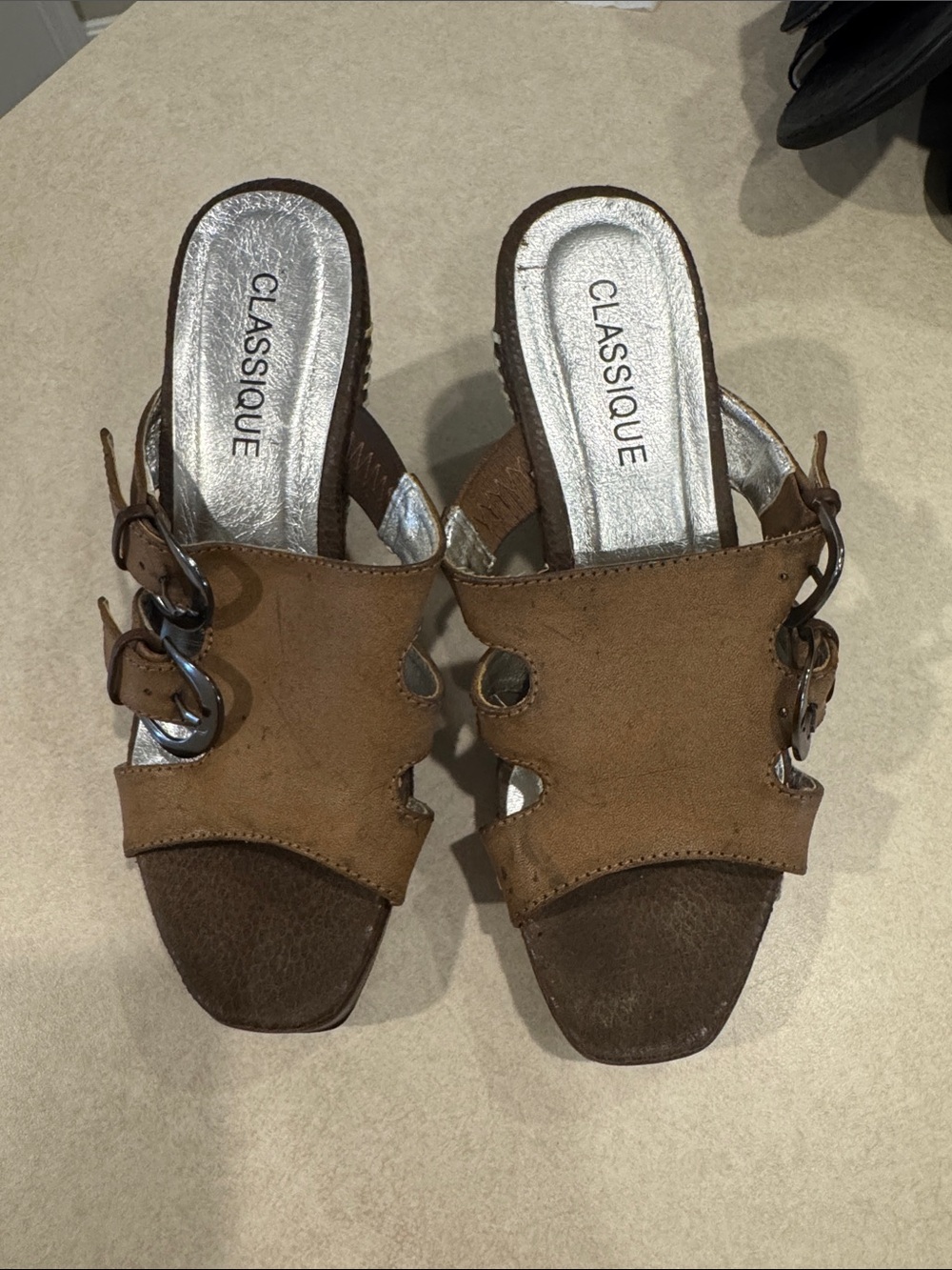 Classique Brown  Slide Mules with Buckle Accents